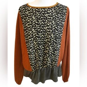Boutique Style‎ Mixed Media Long Sleeve Top Abstract Print Brown Gray Medium
